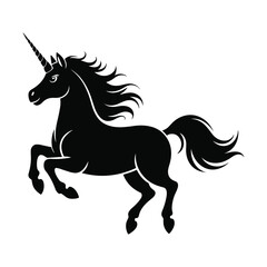 Majestic black unicorn silhouette galloping with flowing mane and tail
