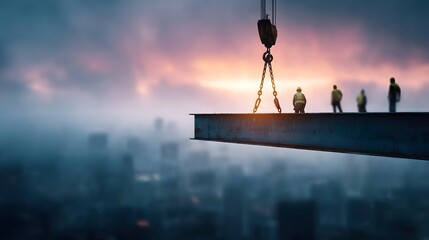 Naklejka na ściany i meble Construction workers on a steel beam are guided by a crane high above a hazy city skyline bathed in the warm light of a dramatic sunset