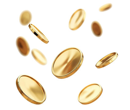 Shiny golden blank coins floating in air, isolated on transparent cutout background - Powered by Adobe