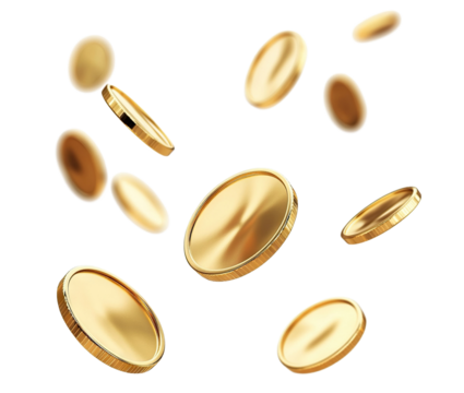 Shiny golden blank coins floating in air, isolated on transparent cutout background