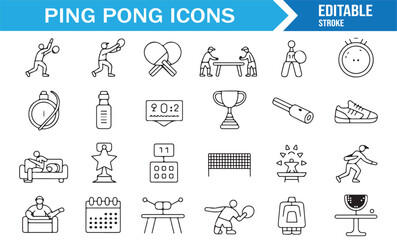 Table tennis outline icon collection with championship trophy, player, paddle, and net illustrations