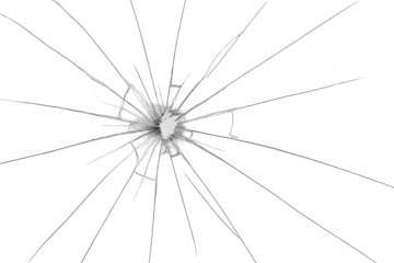 Realistic cracked glass effect with hole and radiating cracks on transparent background, ideal for overlaying on images to create a broken window effect