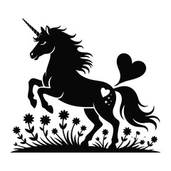 Majestic silhouette unicorn with heart tail and flowers in a meadow
