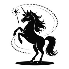 Majestic black unicorn rearing up with magical star wand and sparkle trail