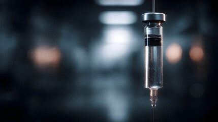 A detailed close up of a medical syringe or vial containing a clear liquid with an air bubble set against a blurred dark clinical background