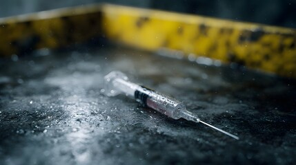 A discarded medical syringe containing a red liquid lies exposed on a wet grimy concrete surface with a blurred yellow barrier in the background