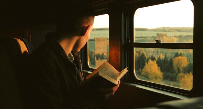 Man Reading on a Train, Scenic View