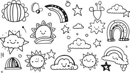 Obraz premium Cute Cartoon Vector – Rainbow, Stars, Clouds, Frog Face, Happy, Child, Funny, Minimal, Flat, Outline, Black and White, Doodle, Icon, Symbol, Kids, Adorable, Creative, Illustration, Design
