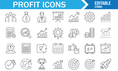 Linear outline style business profit icons set with success, corporate planning, and reporting tools