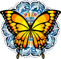 Mandala with a bright butterfly.Vector illustration with bright butterfly and multicolored mandala on transparent background.