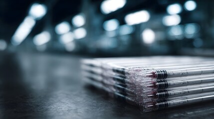 Stack of sterile medical syringes in clear plastic packaging set against a blurred cool toned industrial manufacturing facility background
