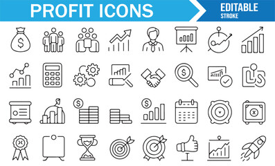 Stroke icon set of profit symbols including business planning, sales growth, and investment tools