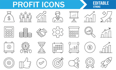 Profit and revenue icons pack in line art style featuring finance, economy, and success elements
