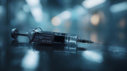 Advanced medical syringe with an identification tag and dark liquid resting on a reflective surface within a high tech sterile environment