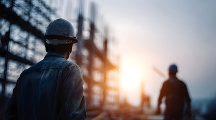 Rear view of a construction worker wearing a hard hat overlooking a bustling construction site with steel structures and warm sunset lighting