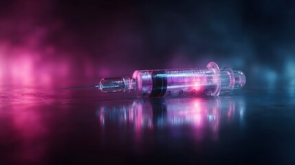 Naklejka na ściany i meble Futuristic medical syringe glowing with vibrant purple and pink light on a reflective dark surface amidst atmospheric mist representing advanced