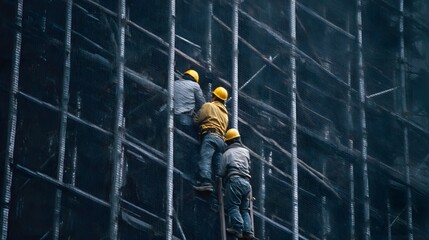 Naklejka na ściany i meble Construction workers in hard hats and protective clothing climb intricate scaffolding on a tall urban building emphasizing diligent labor and city