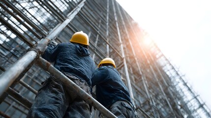 Two construction workers in safety hard hats diligently climb intricate metal scaffolding on a tall urban building under a bright sky