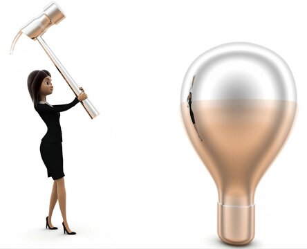 3d woman about hit silver bulb with big hammer concept