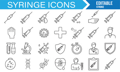 Medical syringe icon set in linear outline style including injection, vial, safety, and treatment