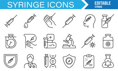 Editable vector syringe icons including vial, virus, nurse, patient, therapy, and immunization tools