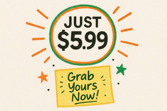 Sale banner featuring JUST $5.99 price and Grab Yours Now! promotion, colorful doodle style, engaging retail offer announcement.