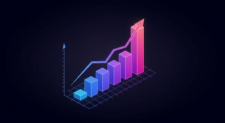 Dynamic isometric bar graph showcases upward trend and growth with vibrant gradient colors against a dark background, symbolizing success and progress.