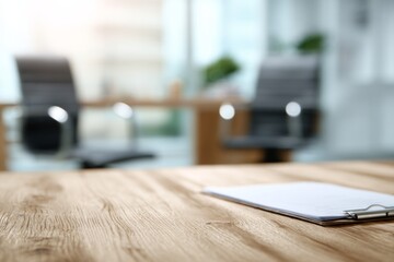Wooden office desk surface with blurred HR interview setup in the background, symbolizing career and recruitment.