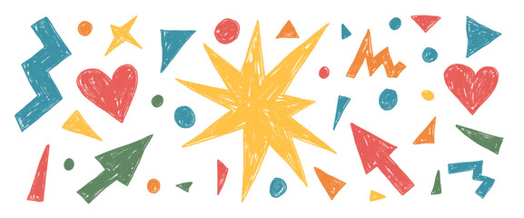 Kids abstract geometric elements crayon drawn set. Arrow, star and triangles doodle shapes on white background. Kindergarten naive figures. Vector childish scribble graphic wax crayon illustration.