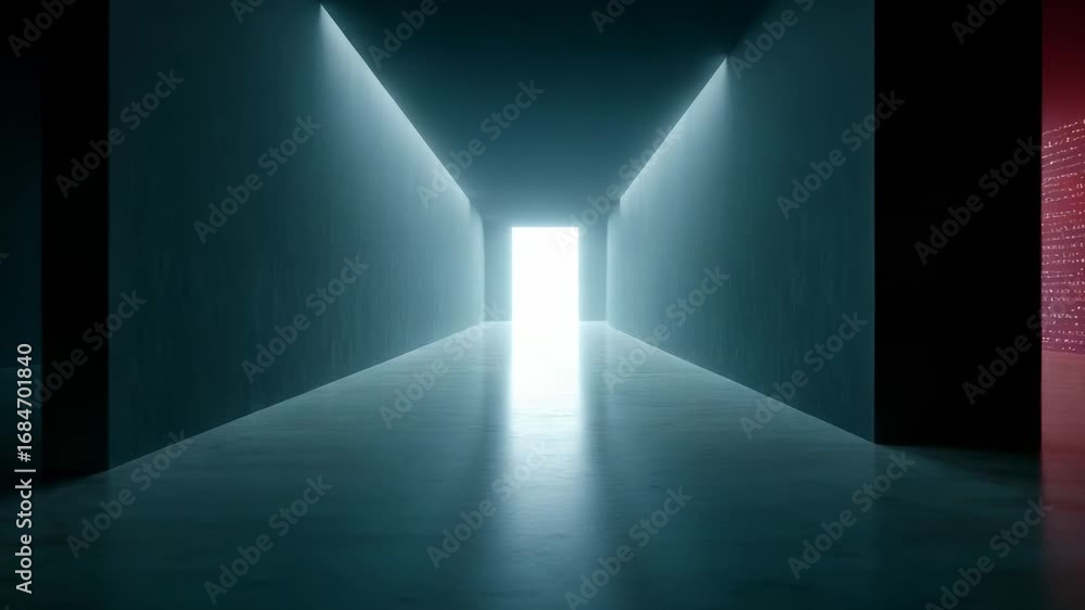Poster exploring a surreal hallway with contrasting light and shadows at an unknown location
