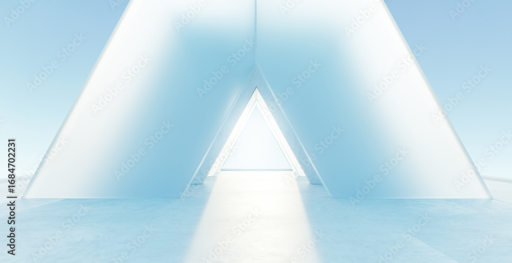 Poster 3d rendering light passing through triangular opening in modern glass building