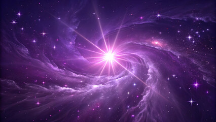 Obraz premium Deep Violet Cosmic Light Explosion with Starburst and Swirling Nebula Purple Galaxy Background Space Scene with Bright Star and Glimmering Stars