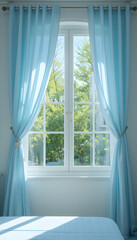Sunny Morning View with Blue Curtains and Checkered Tablecloth
