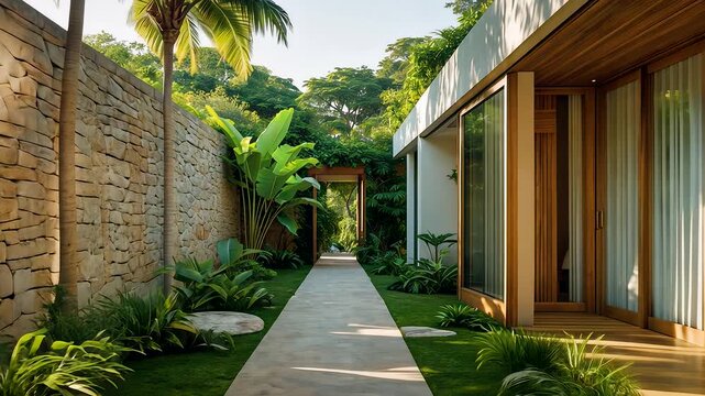 Tropical garden path lined with lush green plants, stone walls, and natural sunlight in serene outdoor setting