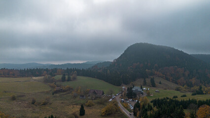 Mount Chelmec, Walbrzych Mountains and Sowie Mountains, autumn in the mountains, drone view, Poland