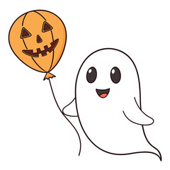 Obraz premium Vector art of cute cartoon ghost holding a jackolantern balloon