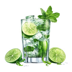 Refreshing mojito cocktail with fresh mint leaves lime slices and ice cubes in a clear glass perfect for summer drinks promotion on transparent background