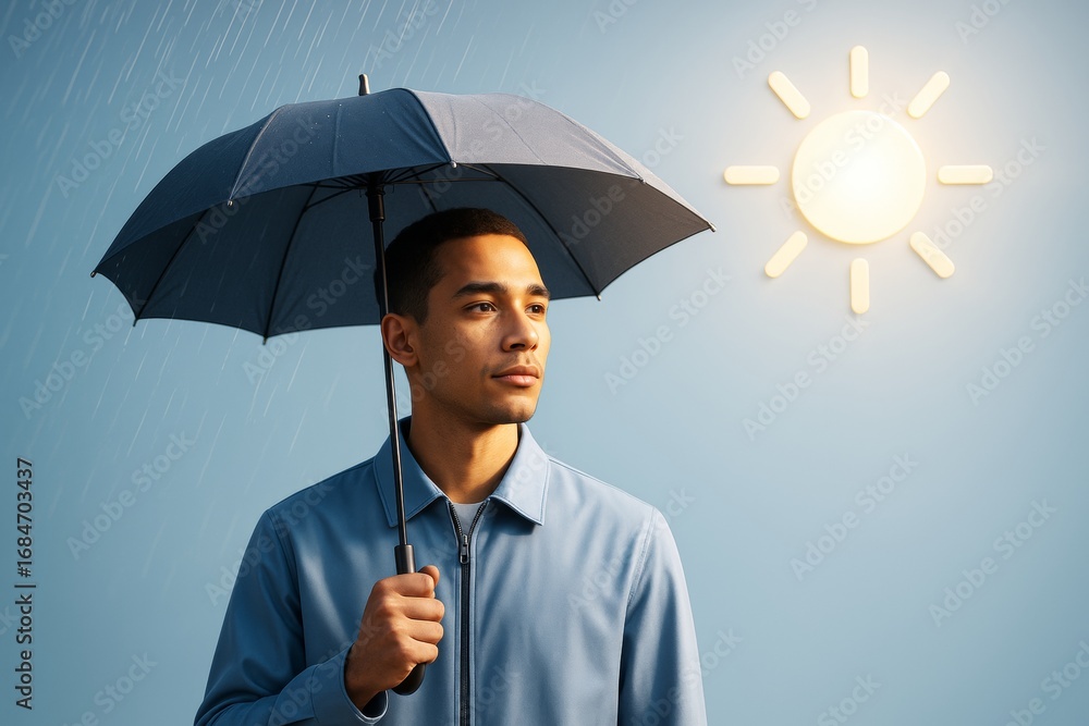 Poster man holding umbrella in rain while standing under artificial sun symbol on blue background, expressi
