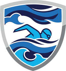 Ocean Waves Swimmer Shield Crest Logo Design