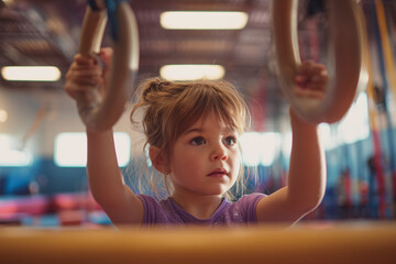 Focused young girl practicing on gymnastics rings in a bright indoor gym, showing determination, strength and concentration during training
