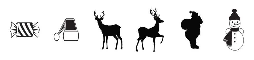 A vector illustration set of black and white Christmas icons and labels featuring deer and reindeer silhouettes for tattoo or design. Vector illustration