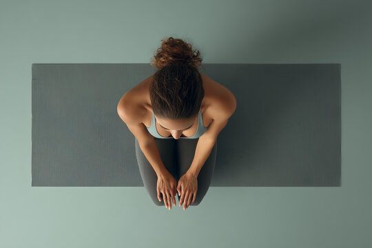 Top-down view of a woman practicing yoga on a mat — mindful meditation, gentle stretch and fitness for calm, balance and home wellness