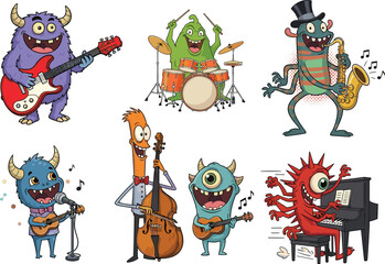 Funny Cartoon Monsters Playing Various Musical Instruments – Colorful Band Characters Performing Music with Guitar, Drums, Saxophone Vector