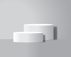 Minimalist white podium with two round platforms on a clean grey background, perfect for product display or mockup.