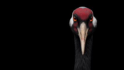 Fototapeta premium Crane frontal face portrait,elegant,magazine cover,banner,copy space,black background.