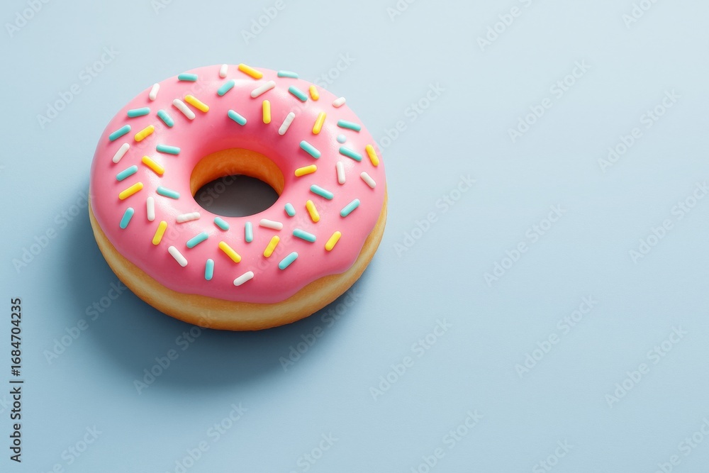 Poster pink frosted donut with colorful sprinkles placed on light blue background with empty copyspace for 