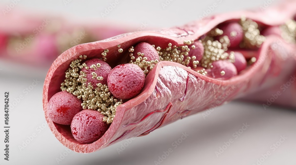 Poster hyperlipidemia 3d render blocked artery concept. close-up view of vibrant cellular structures with i