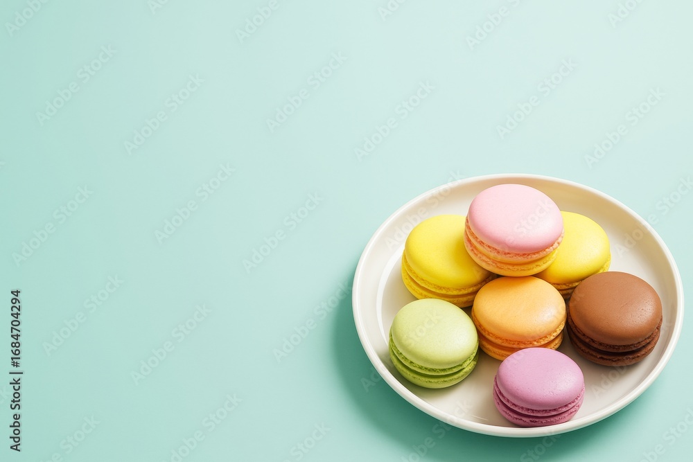 Poster colorful assorted macarons on white plate placed to the side on pastel background with empty copyspa