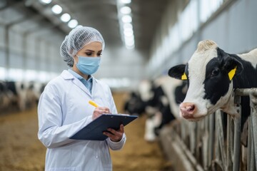Veterinarian Conducting Health Check on Dairy Cows in Farm Setting
