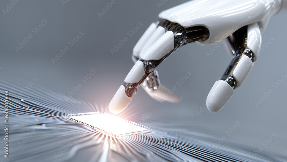 Aufkleber artificial intelligence chip glowing on circuit board with robotic hand touching it showing advanced